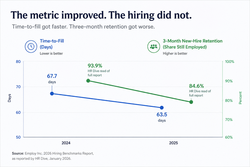 Chart showing time-to-fill improving from 67.7 to 63.5 days between 2024 and 2025 while the share of new hires still employed at three months falls from 93.9 to 84.6 percent.