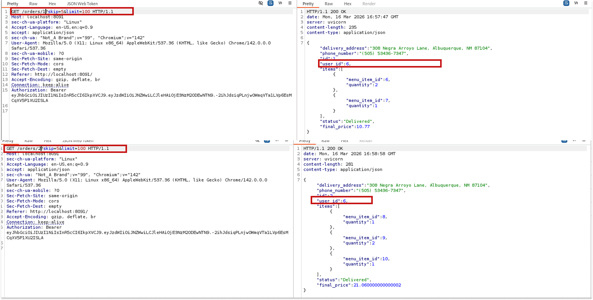 Getting orders with id 1 and 2