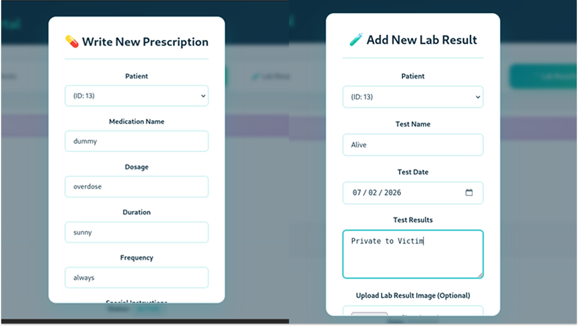 Lab Results and Presciption for Victim