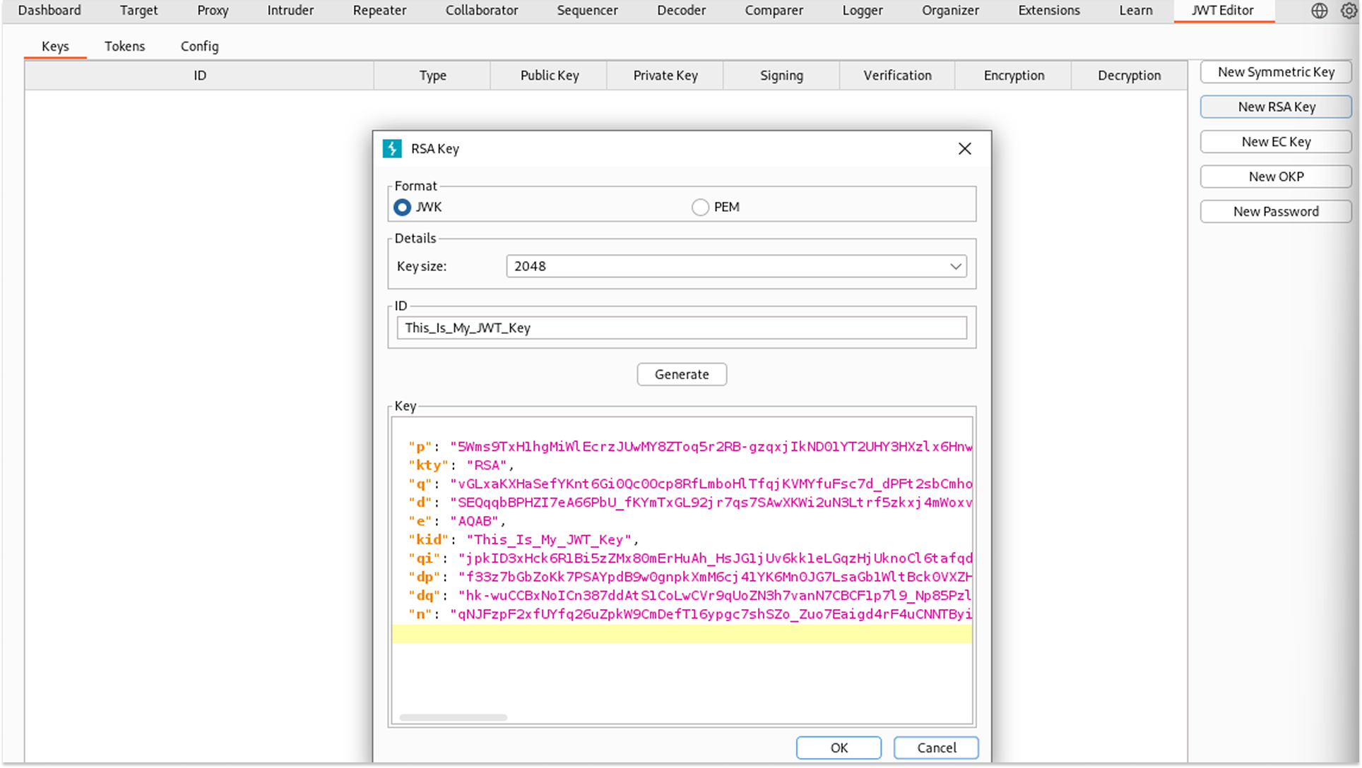 RSA Key Implementation with BurpSuite's JWT Editor