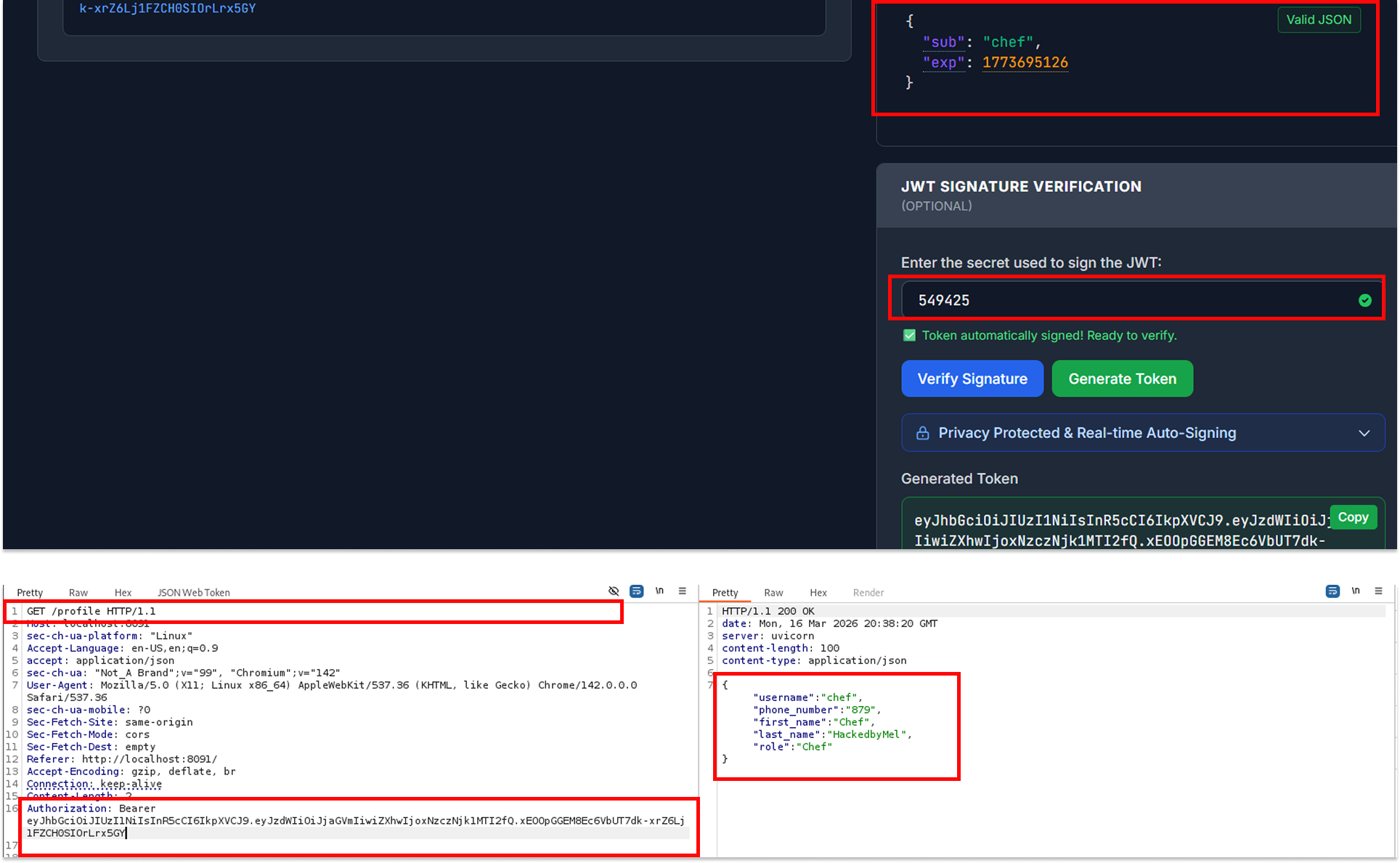 Successfully forged Chef token and authenticated