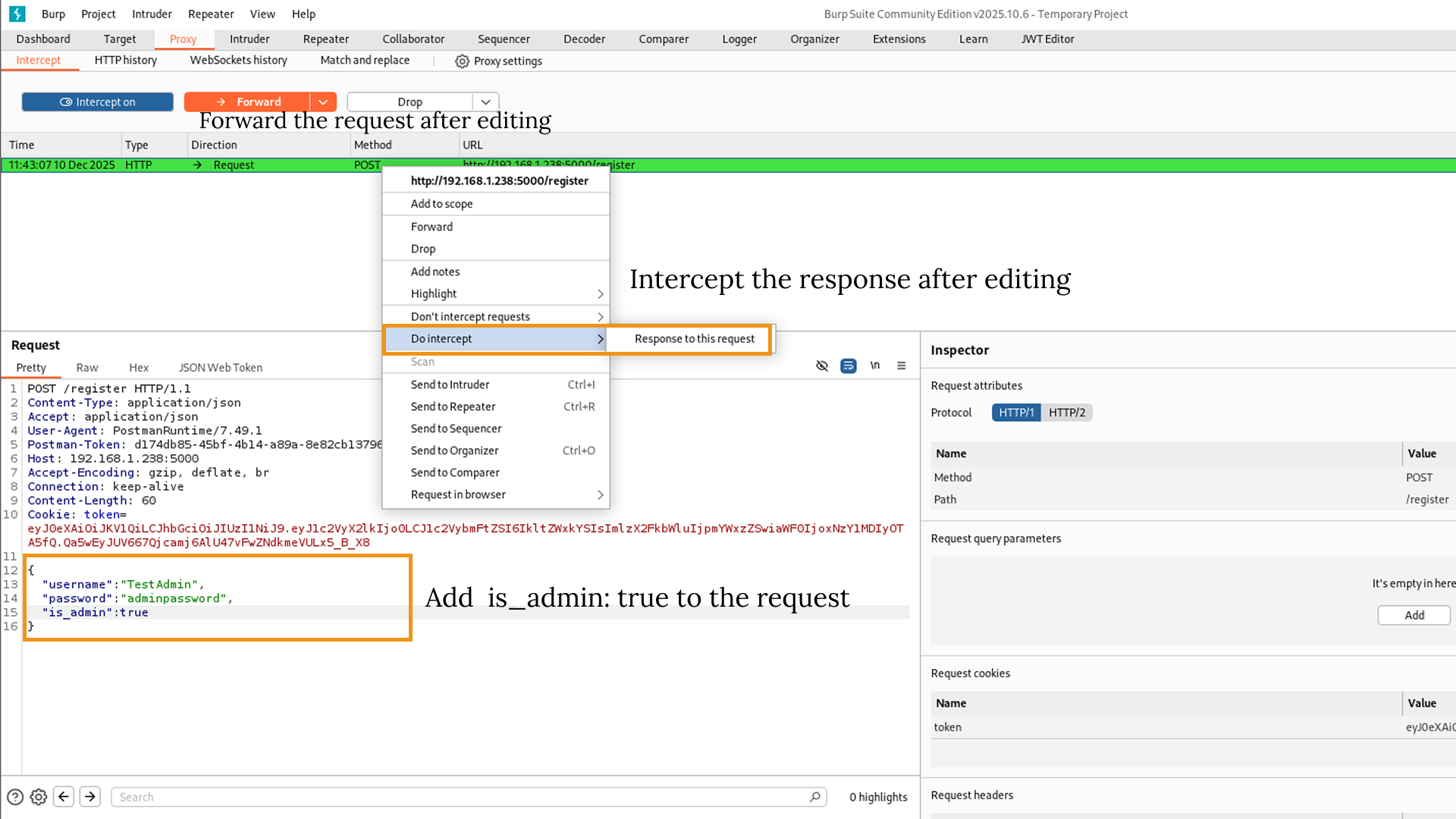 Request intercepted in Burp Suite
