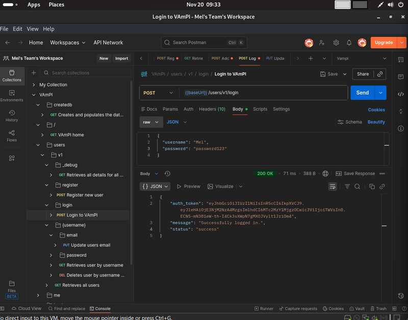 Loggin in as the user created - Mel