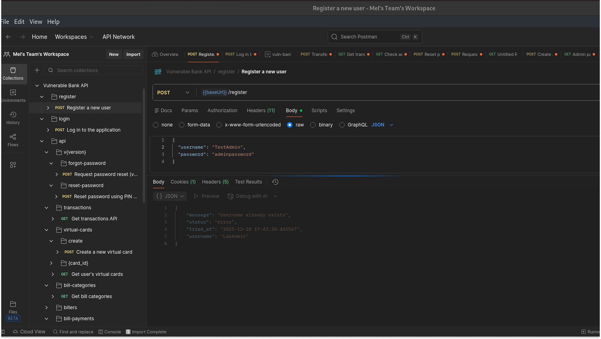 Postman Register Request