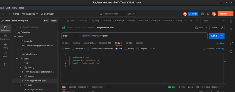 Register a new user in the VAmPI DB