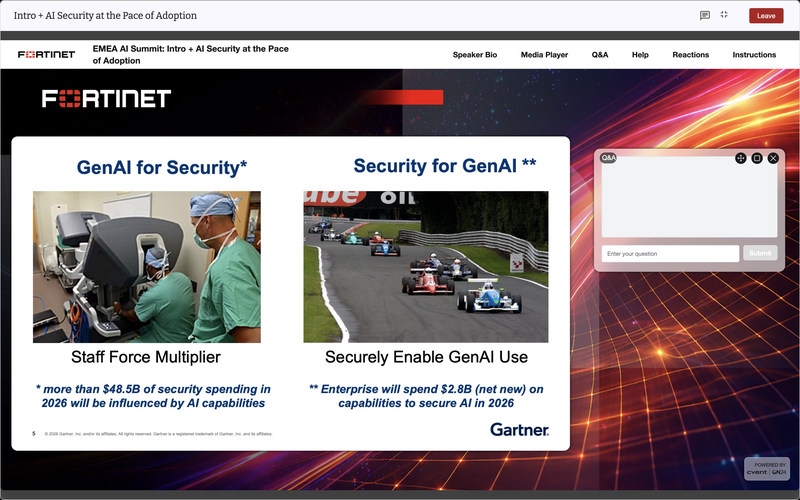 Screenshot of presentation slide from Fortinet 2026 AI Cybersecurity Summit (EMEA)