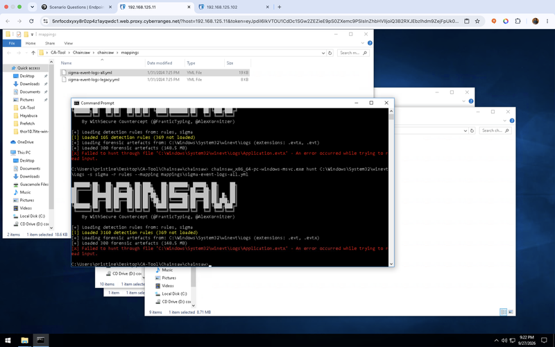 Zero detections and "failed to load" on every file — not a broken lab, just a non-admin shell.