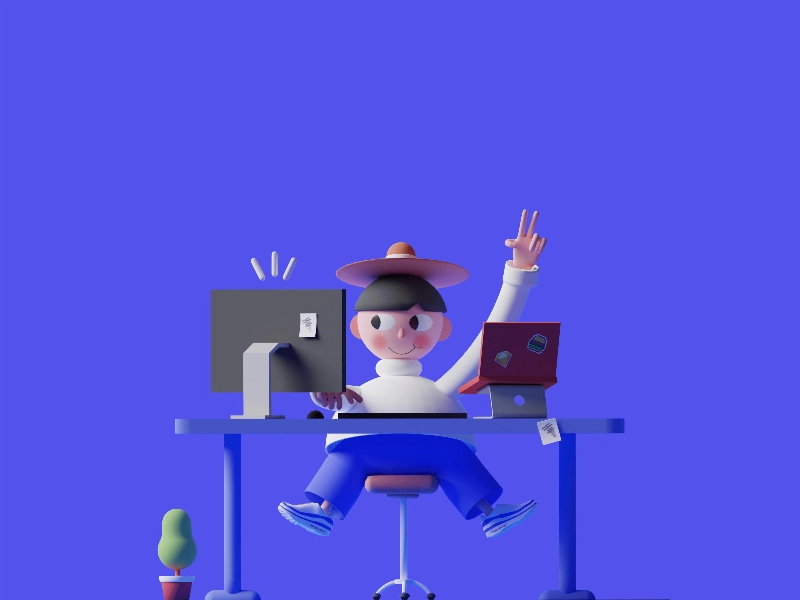 Cute 3d guy in workspace
